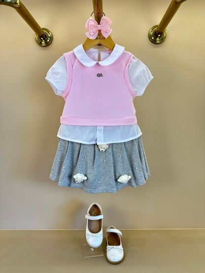 Conjunto Infantil Blusa MC com Tricot Rosa e Saia Pregas Ursinhos - Gabriela Aquarela