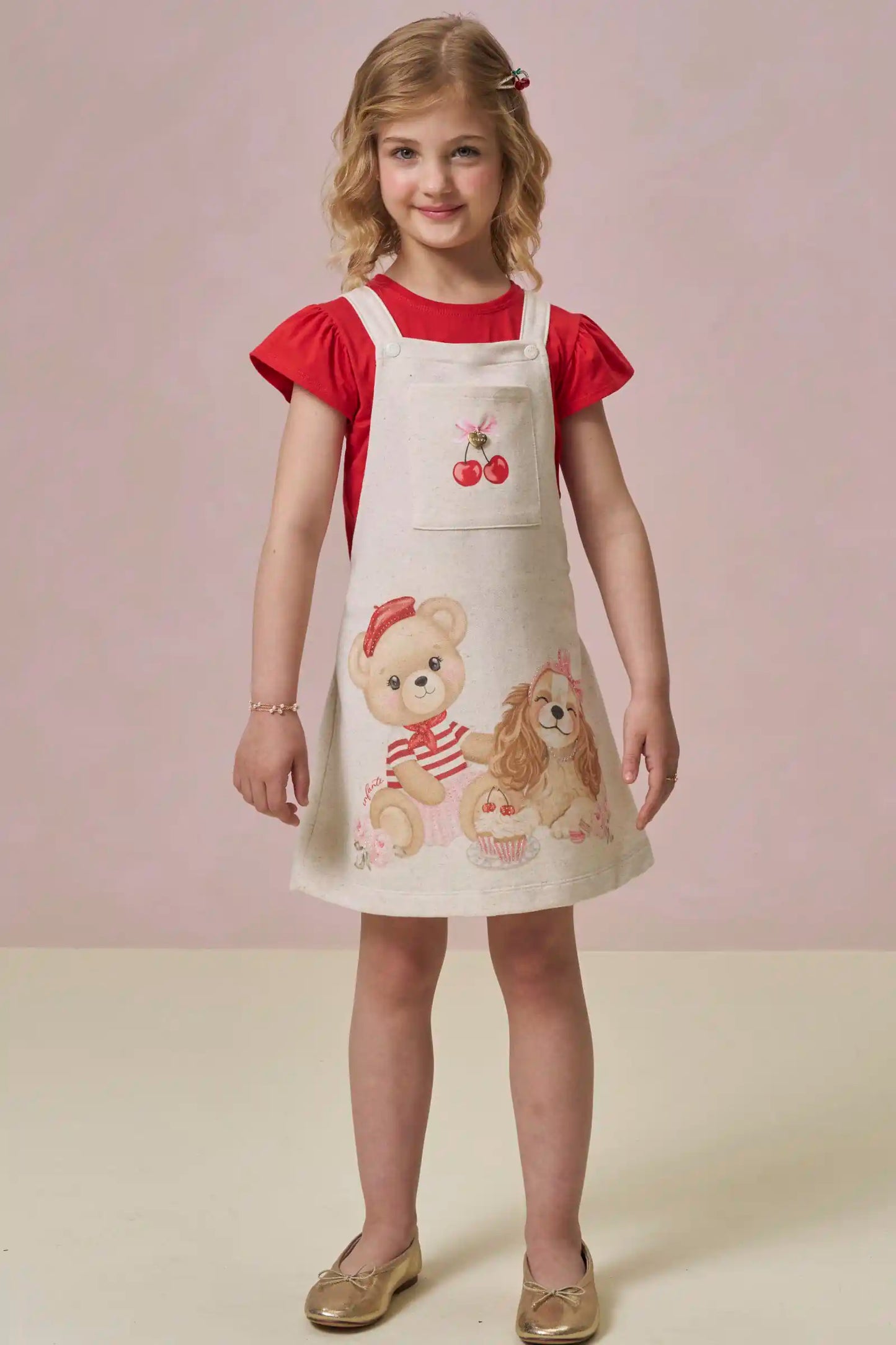 Salopete Infantil Estampada Ursa e Blusa Vermelha - Infanti