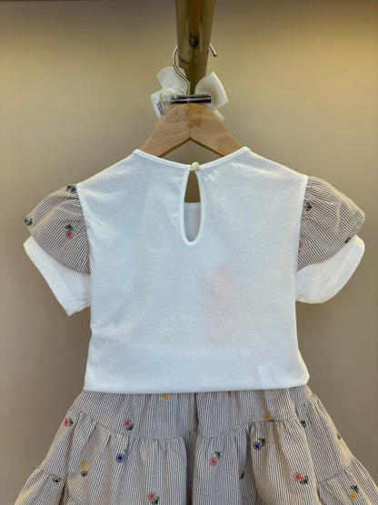 Conjunto Infantil blusa Gola Babado e Saia Tricoline Listrada Com Bordado - Um Mais Um