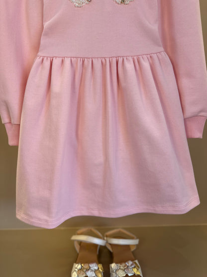 Vestido Infantil ML Moletom Rodado Capuz e Bordado Rosa - Luluzinha