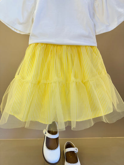Conjunto Infantil Blusa Laço e Saia Listrada Com Aplicação de Flores - Momi