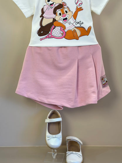 Conjunto Infantil Blusa Chip`N Dale Pérola e Shorts-saia Rosa Quartz - Momi Mini