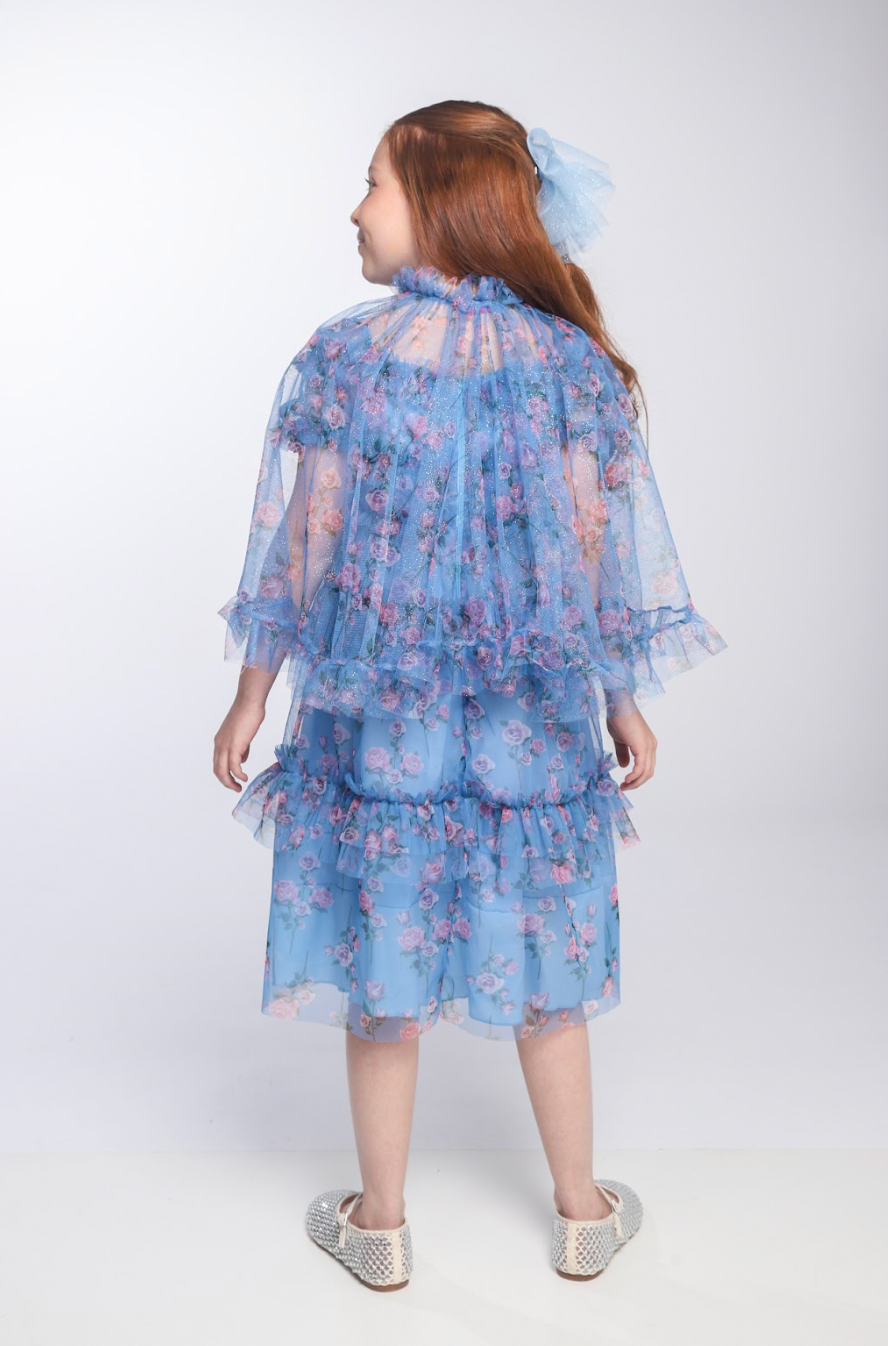 Vestido Infantil Midi Tule Floral Azul Babados - Luluzinha