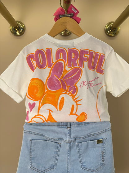 Conjunto Infantil Blusa Minnie Mouse Colorful e Shorts Jeans Estampa Minnie - Animê