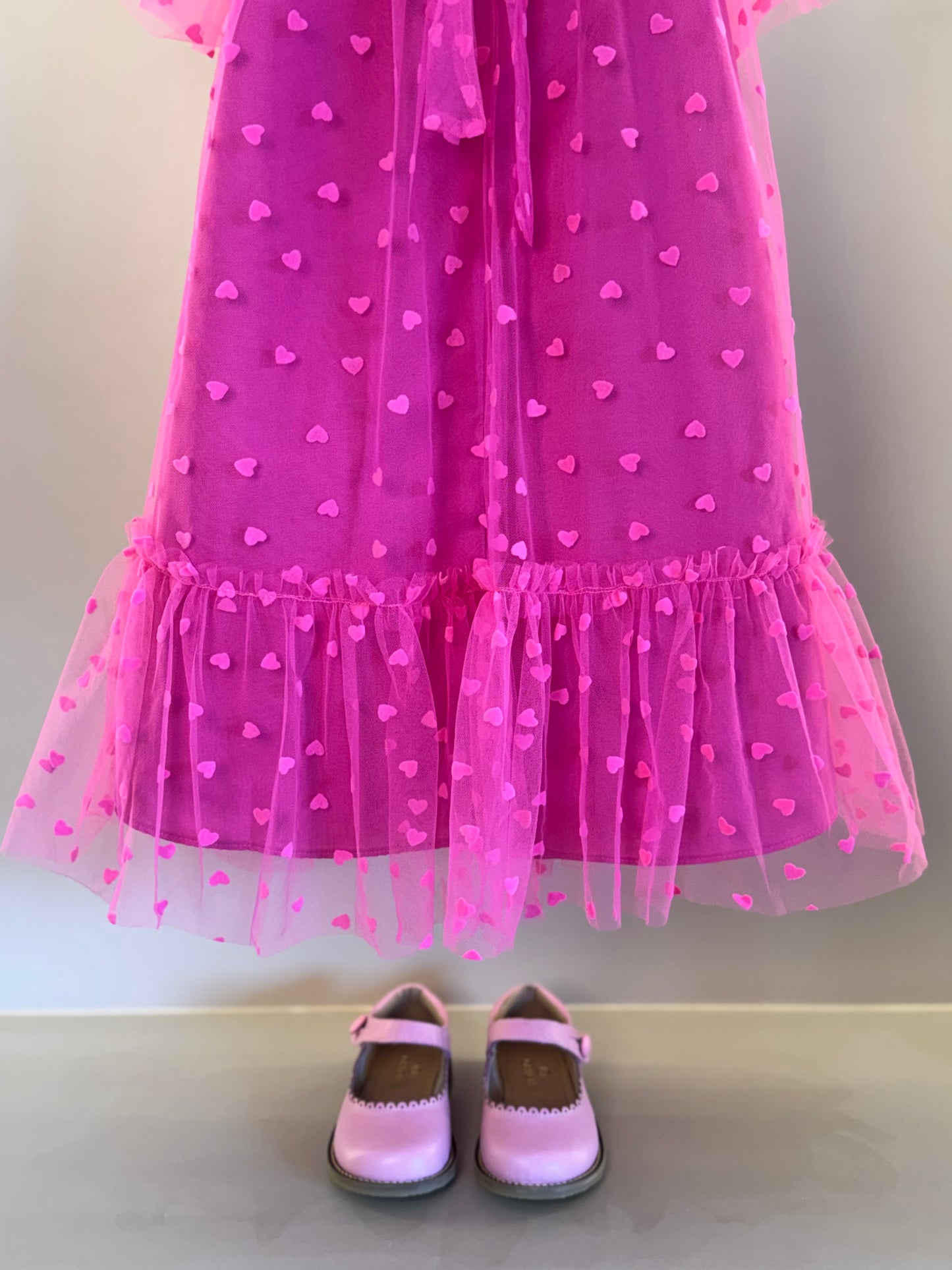 Vestido Infantil Trapézio Tule Corações Pink - Mon Sucré
