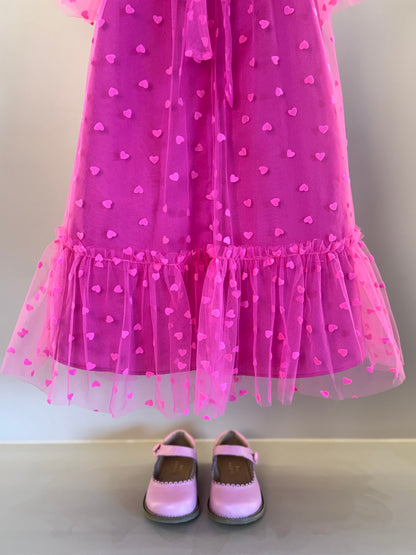 Vestido Infantil Trapézio Tule Corações Pink - Mon Sucré