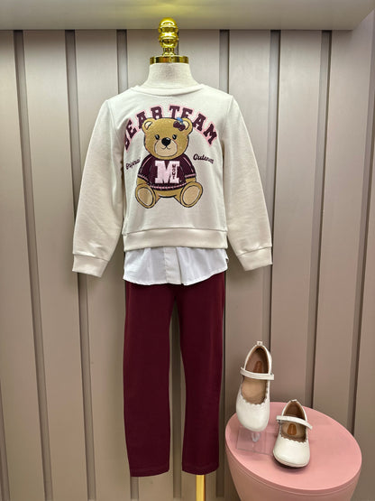 Conjunto Infantil Casaco Bear Team  e Legging Bordô - Momi