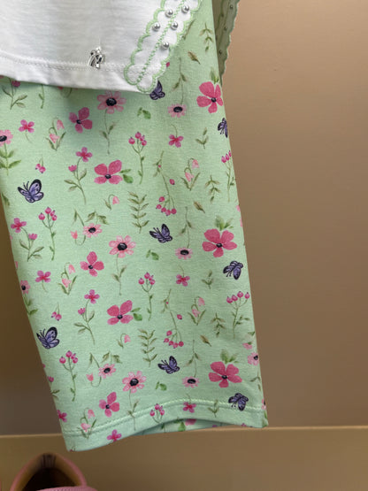 Conjunto Infantil Blusa Bordado Pérolas e Shorts Legging Verde Estampado - Petit Cherie
