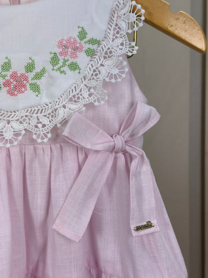 Vestido Infantil Algodão Clássico Rosa Gola Branca Bordada e Rendada - Roana
