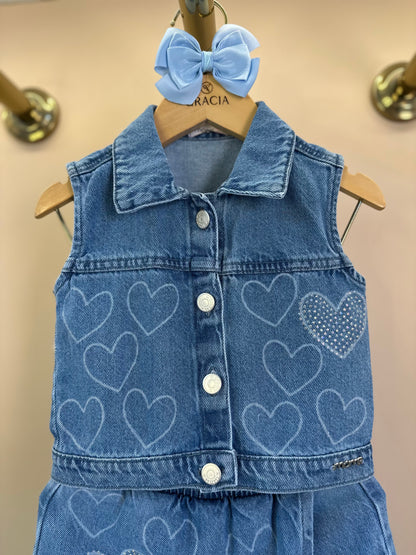 Conjunto Infantil Colete e Shorts Jeans Corações Strass - Momi
