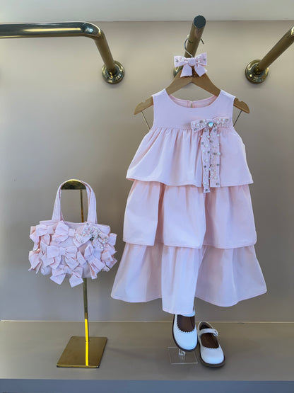 Vestido Infantil Tricoline Babados Laço - Pituchinhus