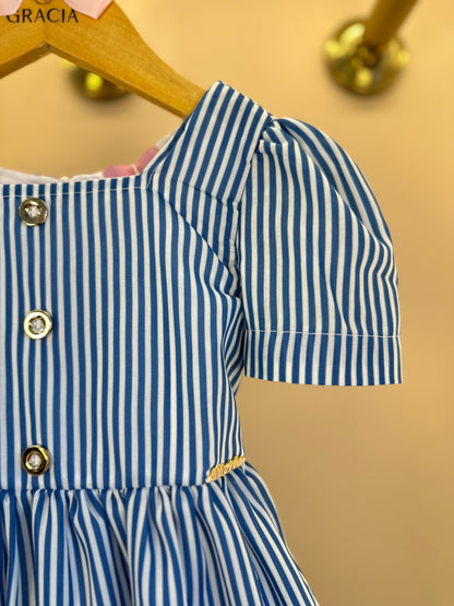 Vestido Infantil Rodado Algodão Listrado Barrado Floral - Luluzinha