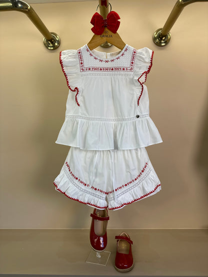 Conjunto Infantil Algodão Blusa e Shorts Branco Bordado Vermelho - Petit Cherie