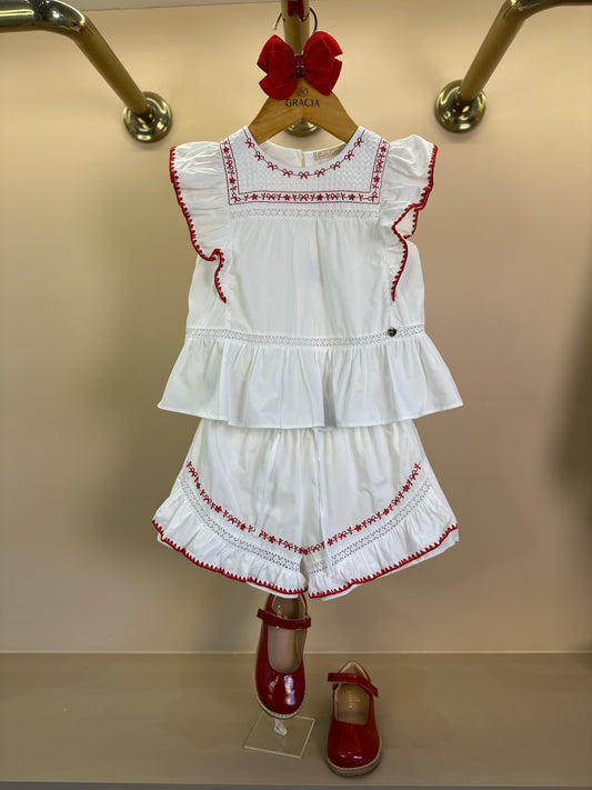 Conjunto Infantil Algodão Blusa e Shorts Branco Bordado Vermelho - Petit Cherie