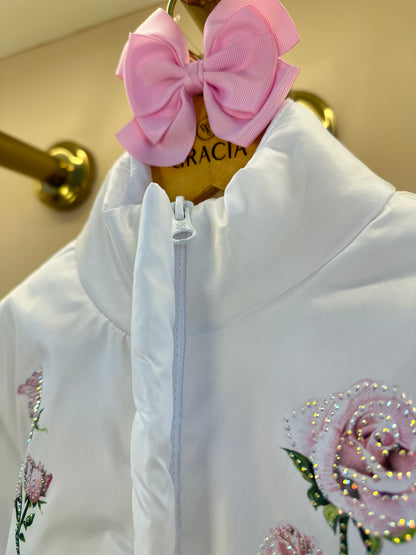 Conjunto Infantil com Casaco Bordado Floral, Blusa com Strass e Saia em Tulle Glitter - Luluzinha