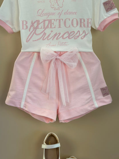 Conjunto Infantil Blusa Perolada Ballet Core Shorts e Laço Rosa - Animê Petite