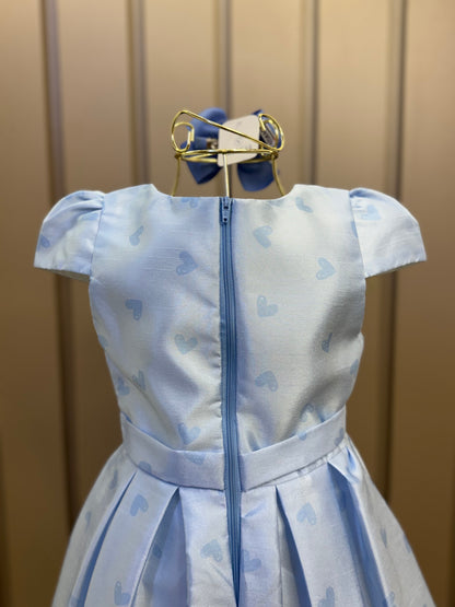 Vestido Infantil Festa Azul Corações Laço Cintura - Mon Sucré