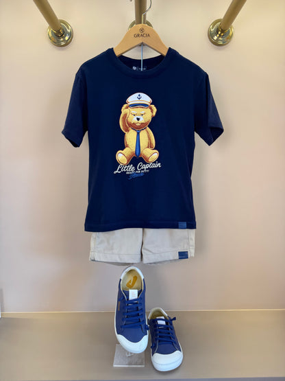 Conjunto Infantil T - Shirt Little Bear e Bermuda Azul Marinho - Youccie