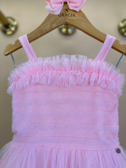 Vestido Infantil Tule com Brilho Tomas e Frufru Rosa Claro - Petit Cherie