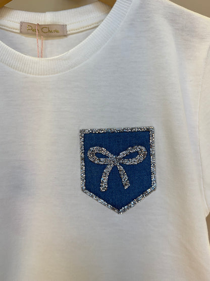 Camiseta Infantil Algodão Bolso Strass Off White - Petit Cherie