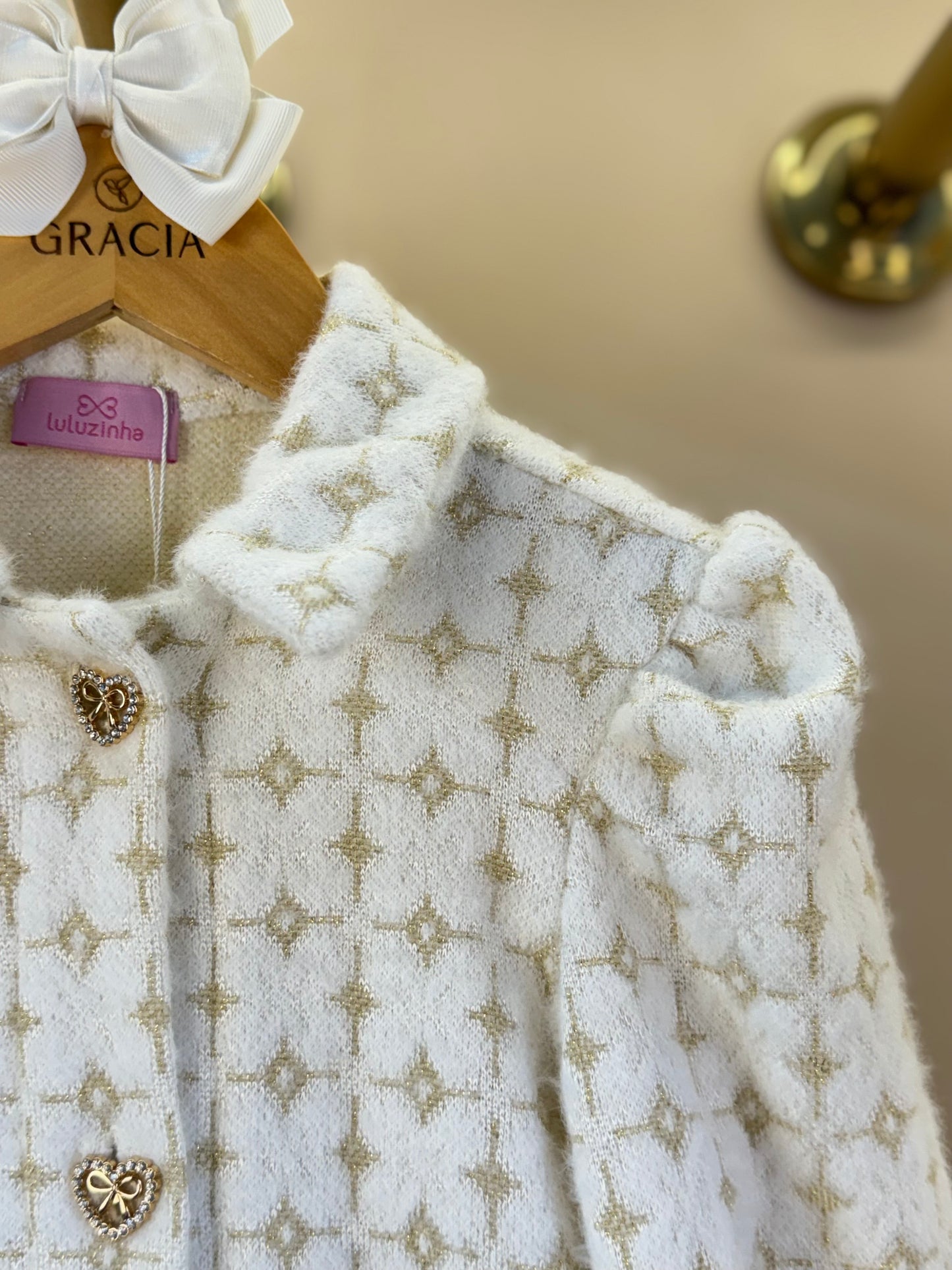 Vestido Infantil Tricot Off White Botões Frontais - Luluzinha