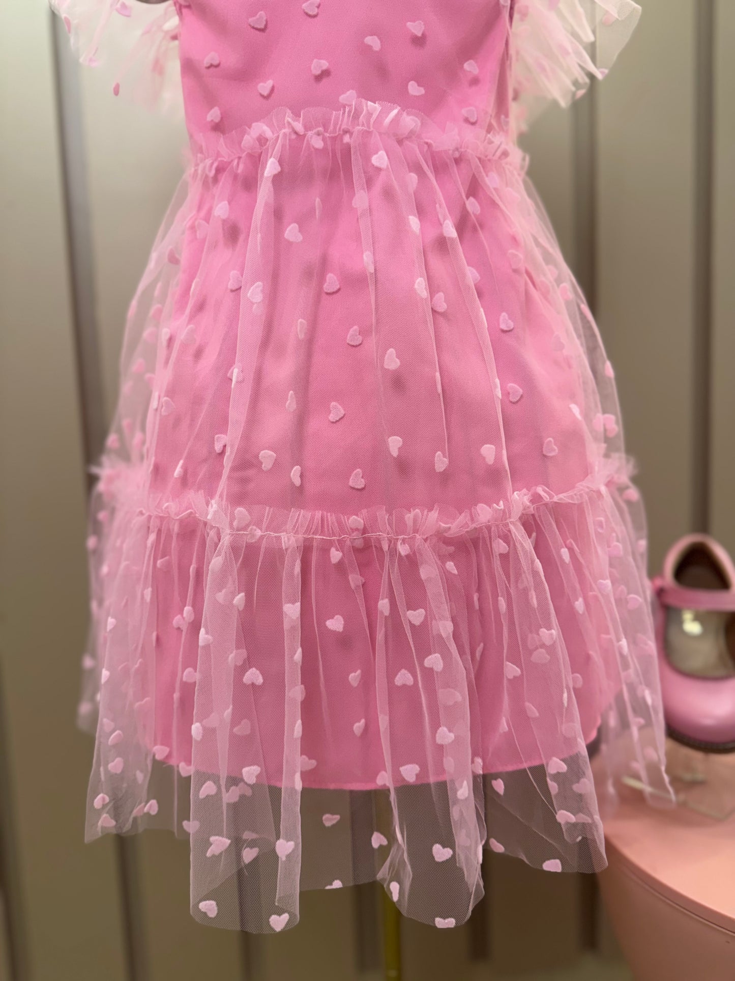 Vestido Infantil Trapézio Tule Corações Rosa Balé - Mon Sucré