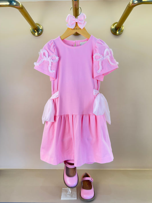 Vestido Infantil Laço Bordado Rosa Amaração de Laço - Animê