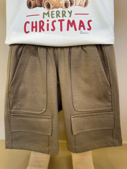 Conjunto Infantil Camiseta Algodão Teddy Natal MC e Bermuda Suedine Elastano Bolsos - Dame