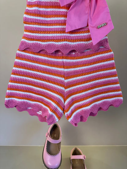 Conjunto Infantil Em Tricoline Listrado Blusa Laço Maxxi e Shorts Barra Andulada - Animê