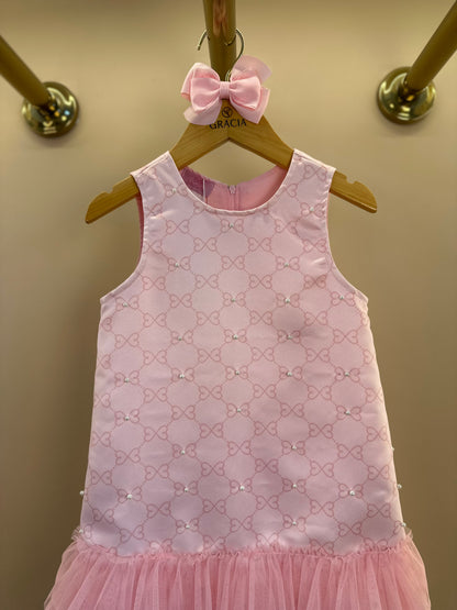 Vestido infantil Acetinado Monograma com Babados - Luluzinha