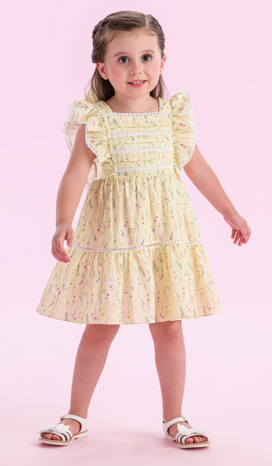 Vestido Infantil Algodão Laço Tule Amarelo Estampado Flores - Petit Cherie