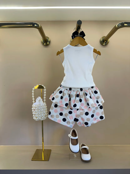 Conjunto Infantil Regata Ursinha Vestido de Poá e Short Com Babados Algodão Estampa Poá Colorido - Pituchinhus