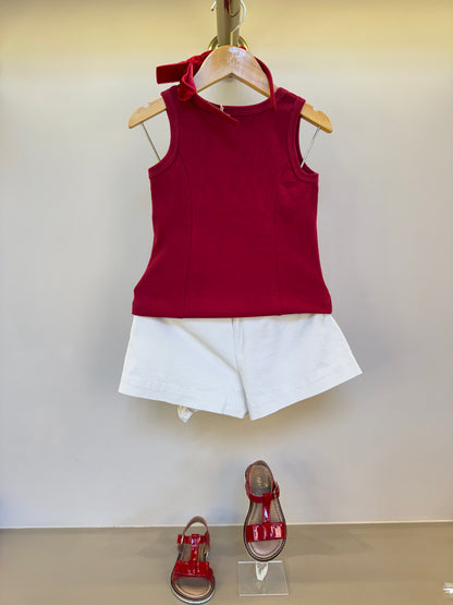 Conjunto Infantil Blusa Maxi Laço Veludo Bordados Bala de Cereja e Shorts-saia Sarja Babadinho Bege - Pituchinhus