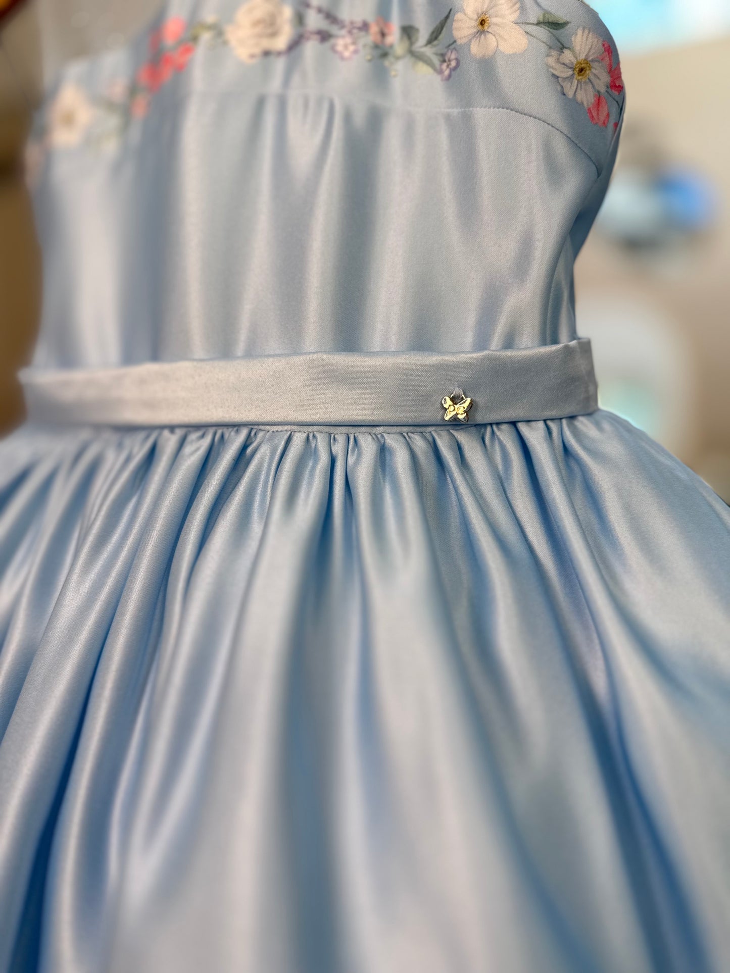 Vestido Infantil Festa Tule Azul Flores - Petit Cherie