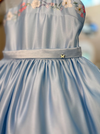 Vestido Infantil Festa Tule Azul Flores - Petit Cherie