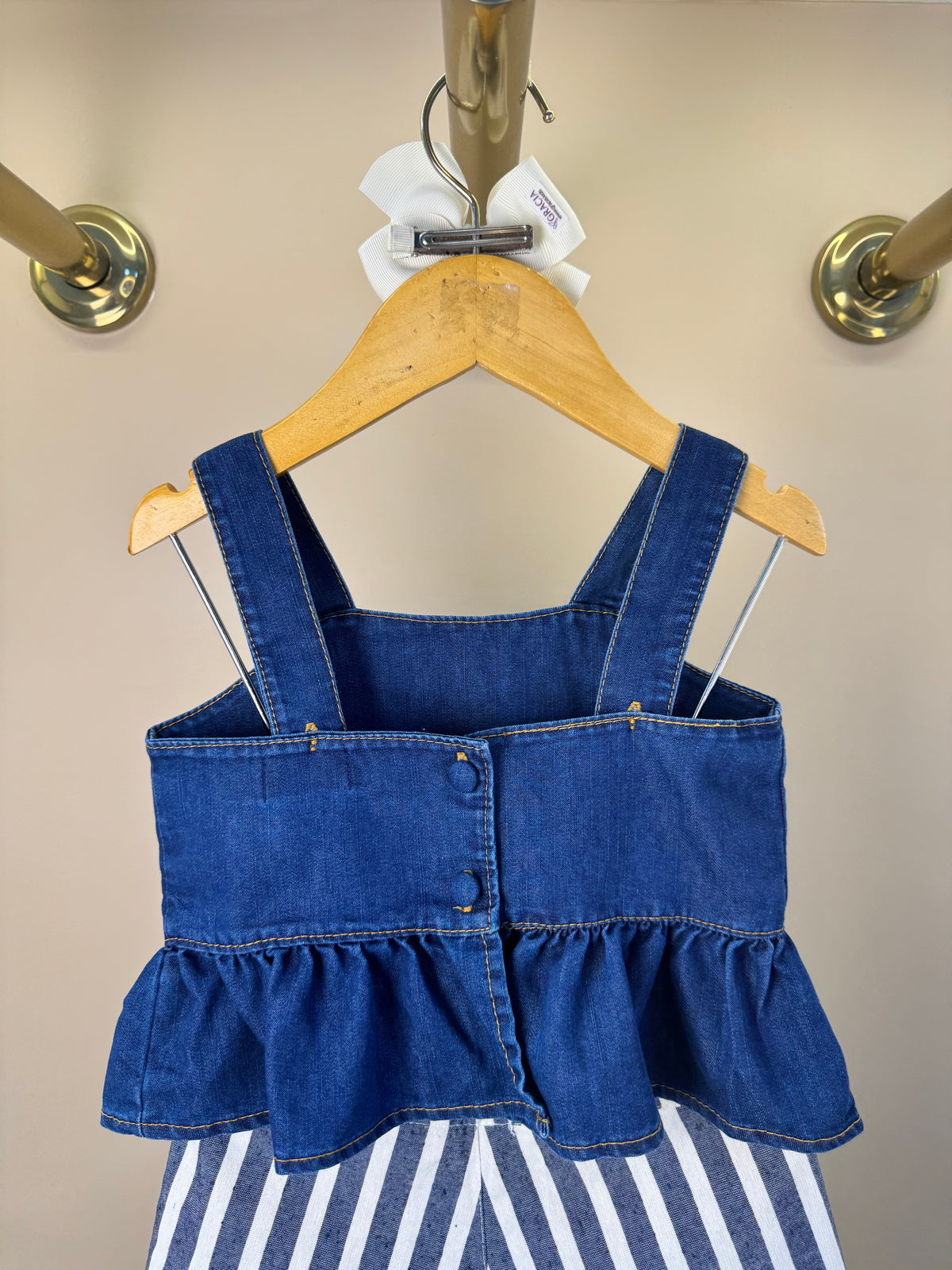 Conjunto Infantil Blusa Jeans Com Babado e Shorts Alfaiataria Listrado - Luluzinha