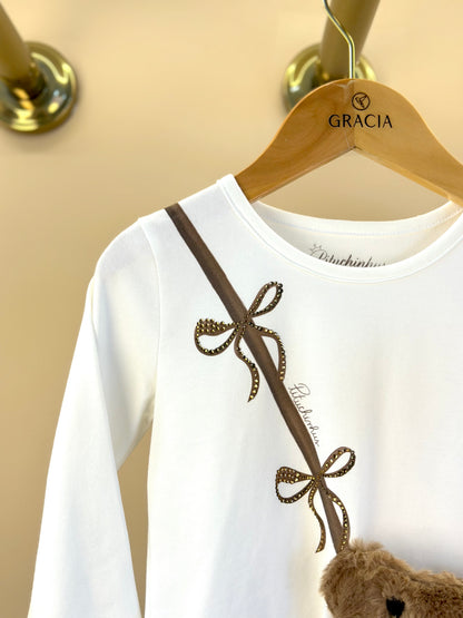Blusa Infantil Cotton Bolsa Pele Ursinha Off White - Pituchinhus