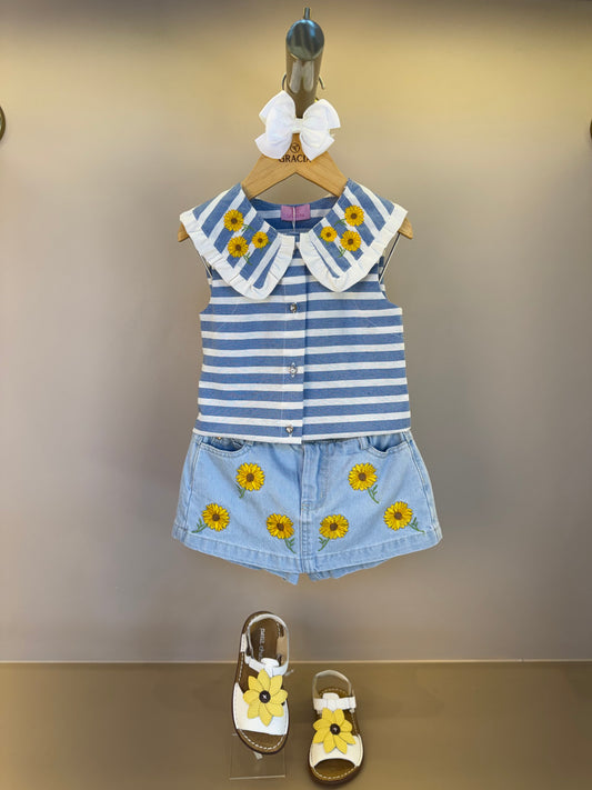 Conjunto Infantil Blusa Listrada Bordado Girassol e Shorts-saia Bordado Girassol - Luluzinha