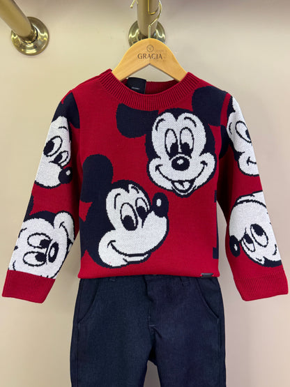 Conjunto Infantil Casaco Tricô Mickey Vermelho e Calça Jeans Leve Casual Marinho - Youccie