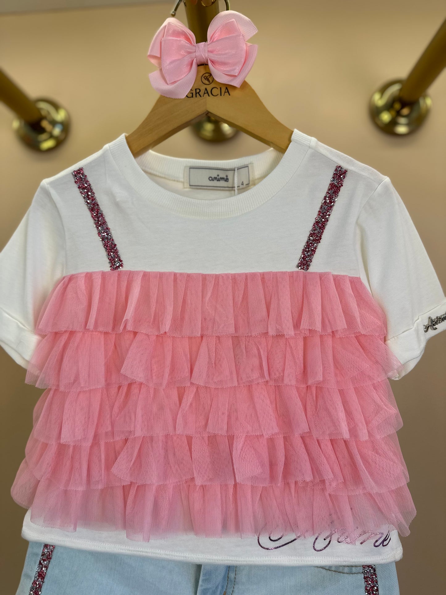 Conjunto Infantil Blusa Babados Tule Rosa e Shorts Jeans Strass Rosa - Animê