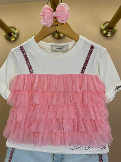 Conjunto Infantil Blusa Babados Tule Rosa e Shorts Jeans Strass Rosa - Animê