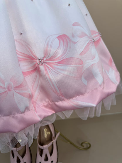 Vestido Infantil Laços e Pérolas Saia Tule Rosa - Petit Cherie