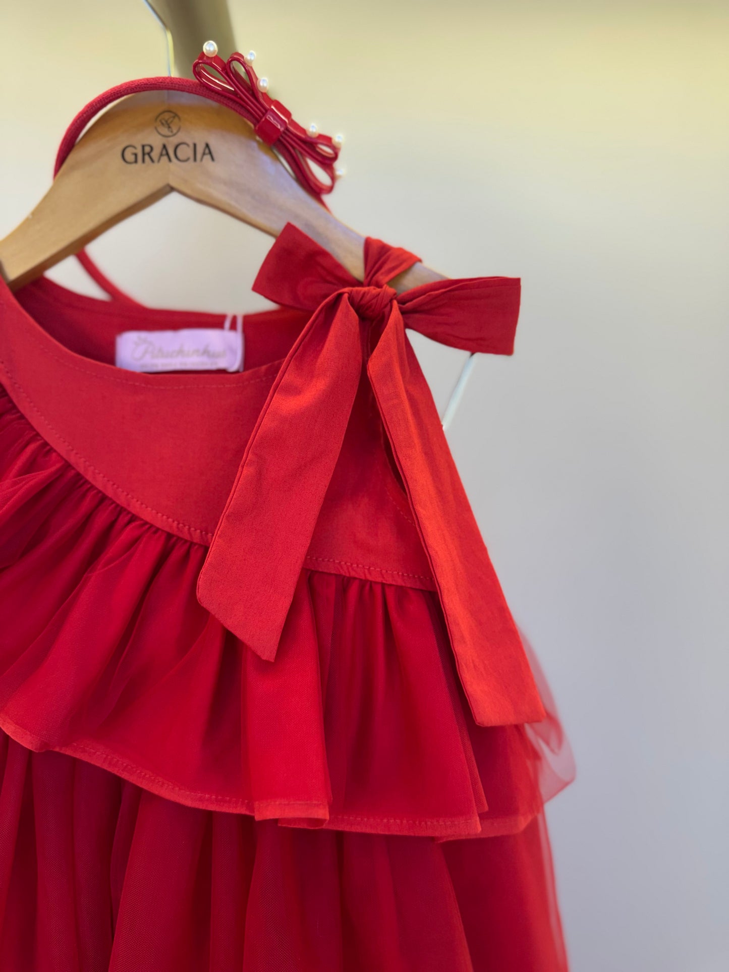 Vestido Infantil Festa Babados, Laço & Tule Vermelho - Pituchinhus