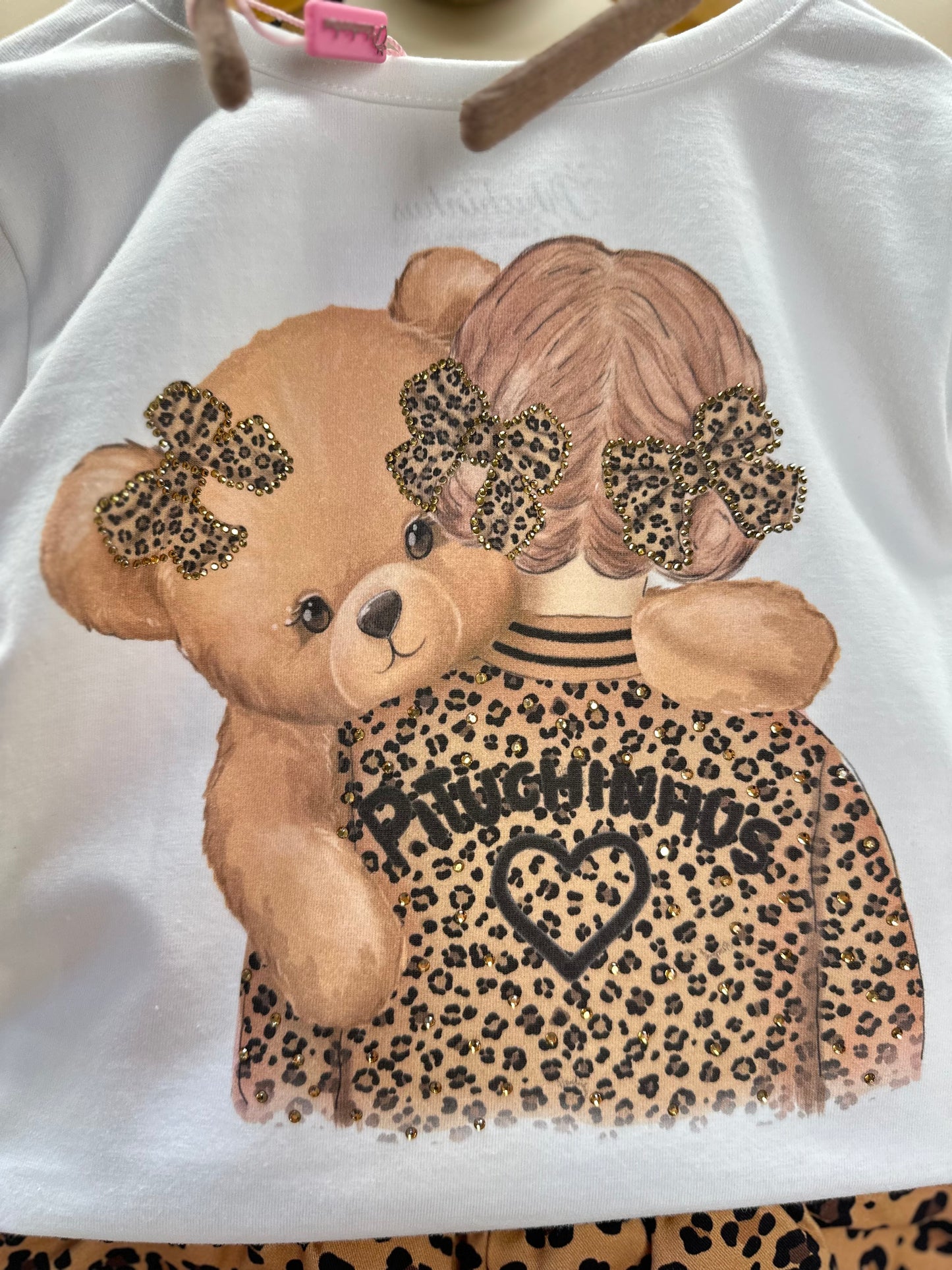 Conjunto Infantil Blusa Ursinha Love e Saia-shorts  Sarja Babadinho Oncinha - Pituchinhus