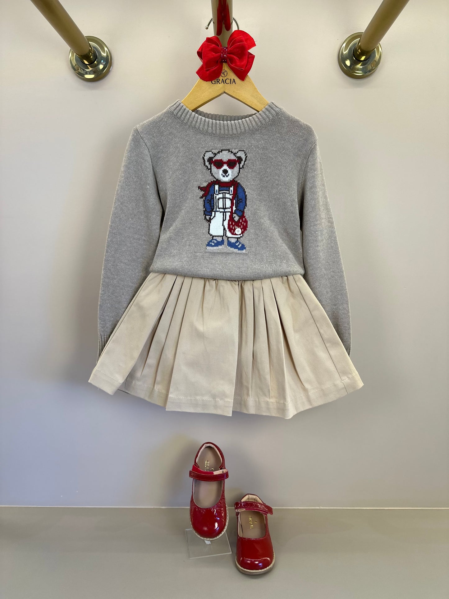 Saia-shorts Infantil Sarja Pregas Cós Tricot Bege - Um Mais Um
