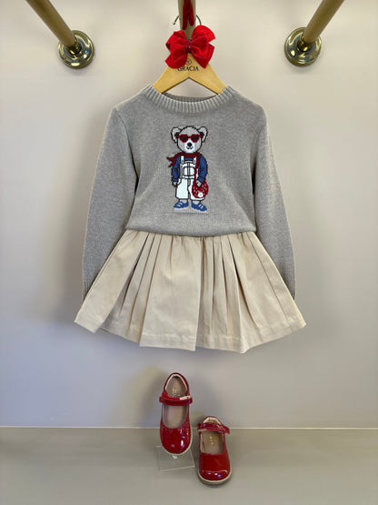 Saia-shorts Infantil Sarja Pregas Cós Tricot Bege - Um Mais Um