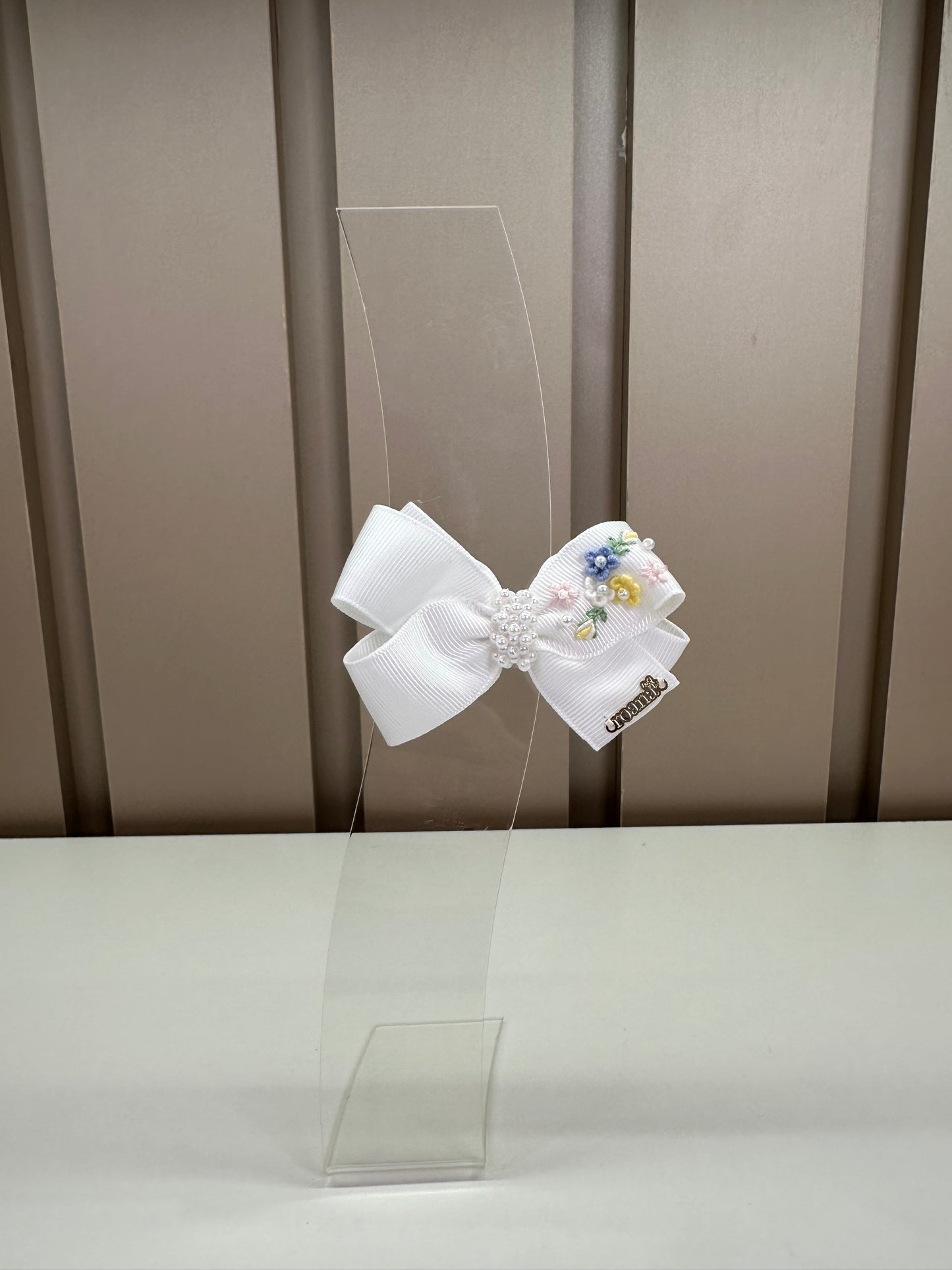 Presilha Infantil Laço Duplo Luxo Bordado Flores Branco - Roana