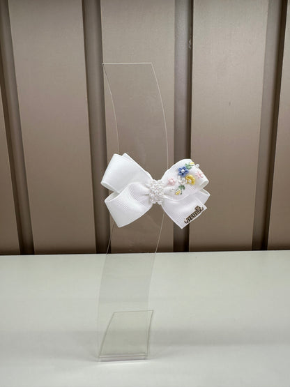 Presilha Infantil Laço Duplo Luxo Bordado Flores Branco - Roana