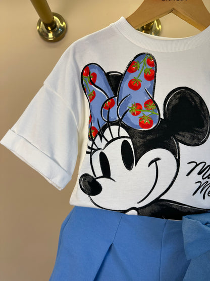 Conjunto Infantil Blusa Minnie Estampa Tomates e Saia Shorts Laço Bordado de Tomate - Animê