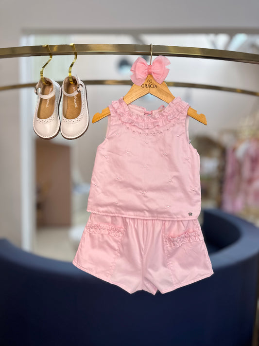 Conjunto Infantil Algodão Bordado e Laços Costas Rosa - Petit Cherie
